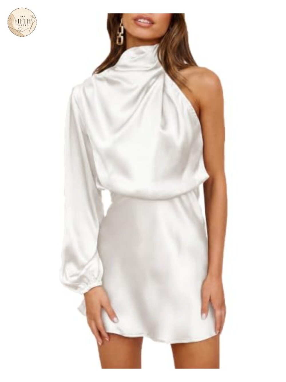 Satin One Shoulder Long Sleeve Mini Dress High Neck Cocktail Party
